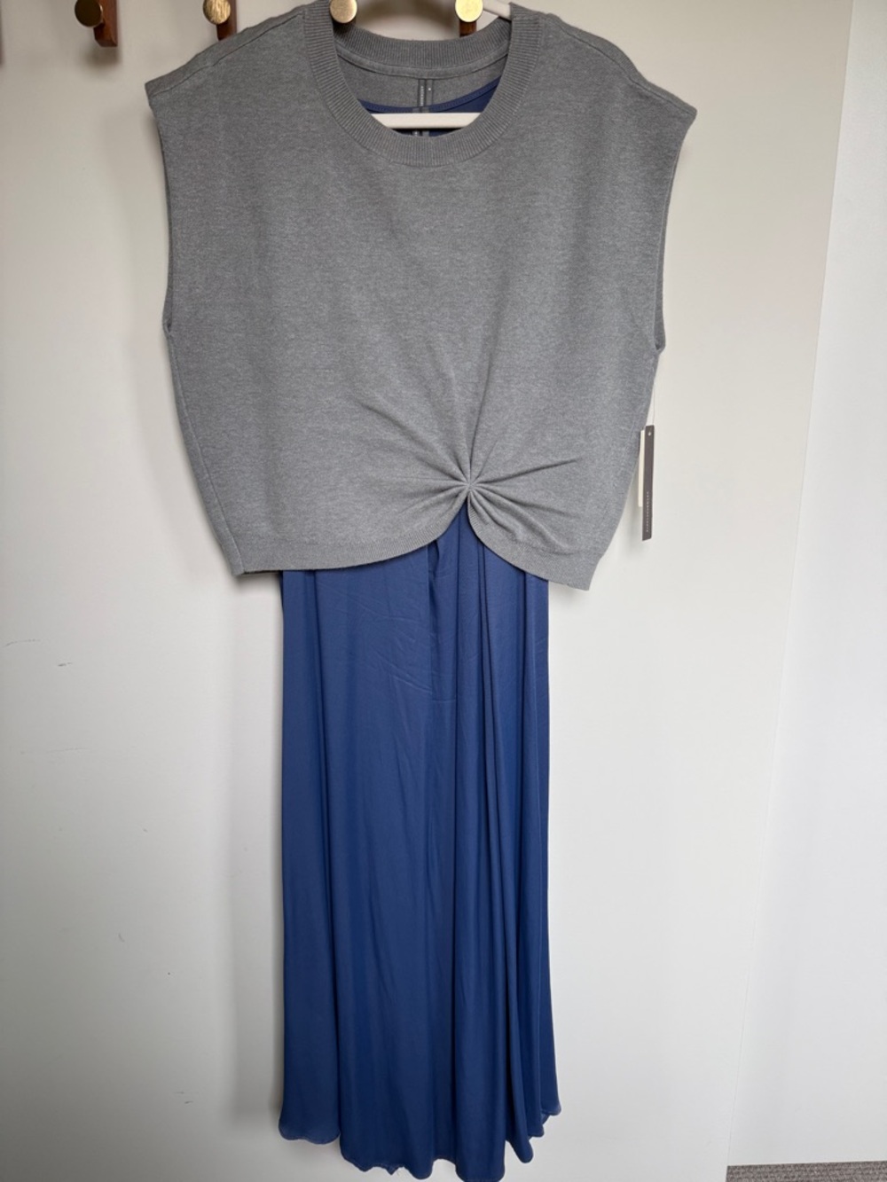 Anthropologie 2-Piece Dress Set Blue Midi + Gray Knit Twist Top Size M NWT